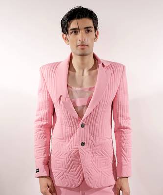 Monochrome quilted crepe pink blazer set 1