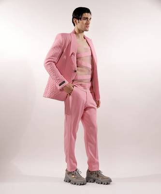 Monochrome quilted crepe pink blazer set 2
