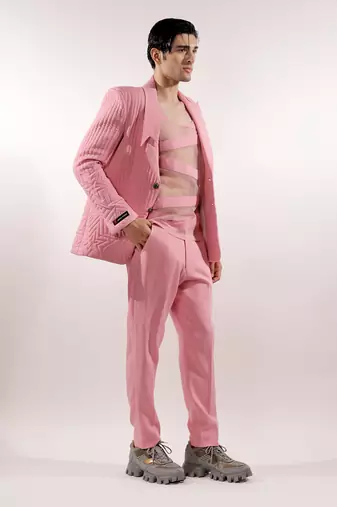 Monochrome quilted crepe pink blazer set