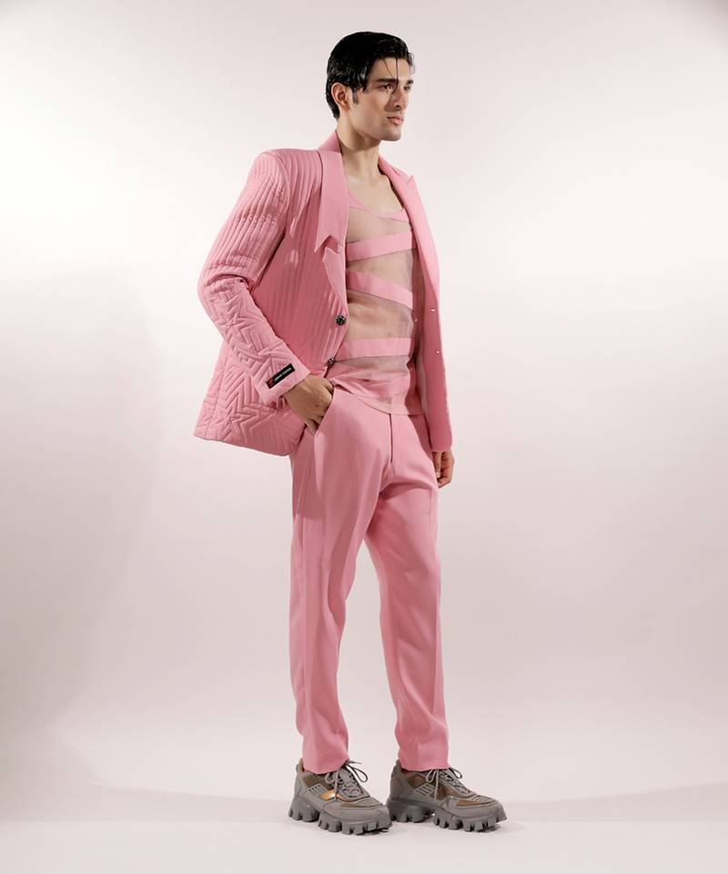 Monochrome quilted crepe pink blazer set