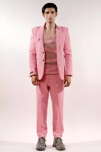 Monochrome quilted crepe pink blazer set