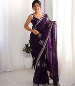 Purple fendy satin beads hand work saree