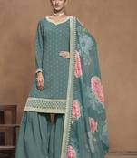 Grey roman silk embroidered palazzo suit