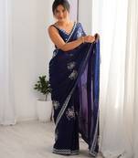 Blue fendy satin beads hand work saree