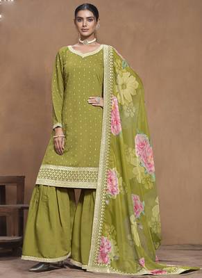 Parrot green roman silk embroidered palazzo suit 1