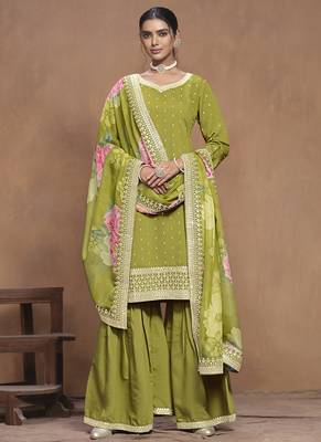 Parrot green roman silk embroidered palazzo suit 2