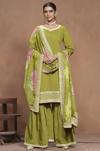 Parrot green roman silk embroidered palazzo suit