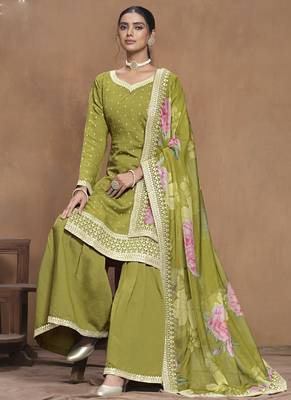 Parrot green roman silk embroidered palazzo suit 3