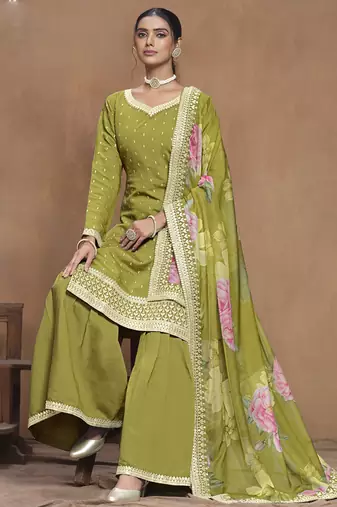 Parrot green roman silk embroidered palazzo suit