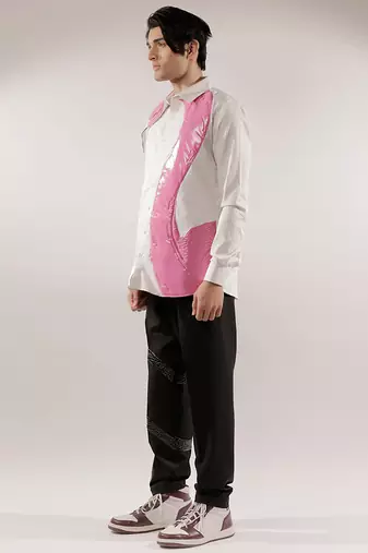 Pink flamingo quilted white cotton shirt