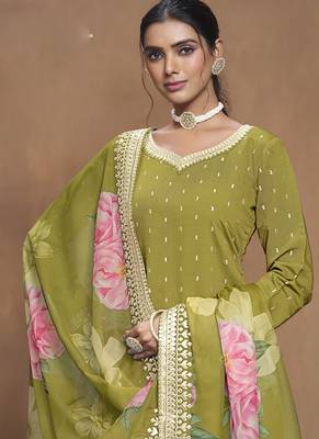 Parrot green roman silk embroidered palazzo suit 4