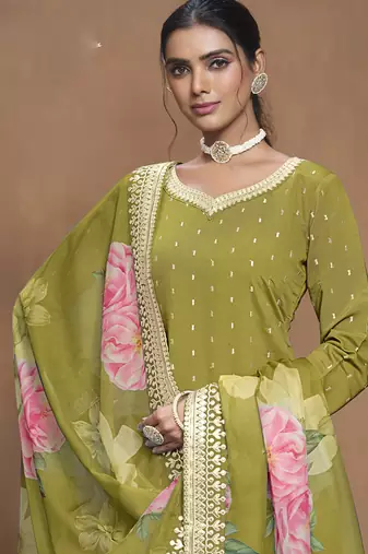 Parrot green roman silk embroidered palazzo suit