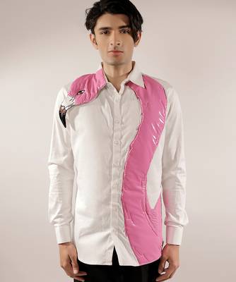 Pink flamingo quilted white cotton shirt 3