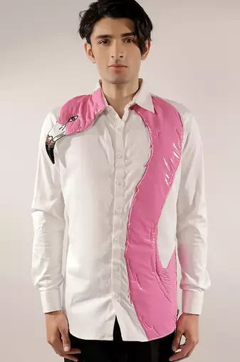 Pink flamingo quilted white cotton shirt