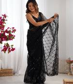 Black soft net sequins embroidered saree