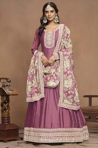 Onion pink art silk embroidered anarkali suit