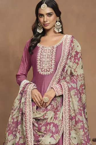 Onion pink art silk embroidered anarkali suit