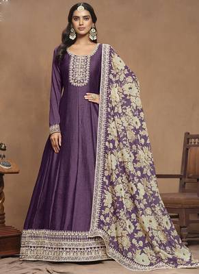 Purple art silk embroidered anarkali suit 1