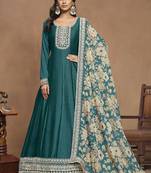 Turquoise art silk embroidered anarkali suit