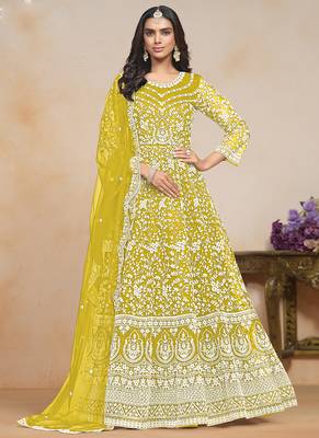 Yellow net embroidered designer anarkali suit 1