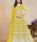 Yellow net embroidered designer anarkali suit