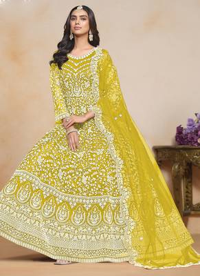Yellow net embroidered designer anarkali suit 2
