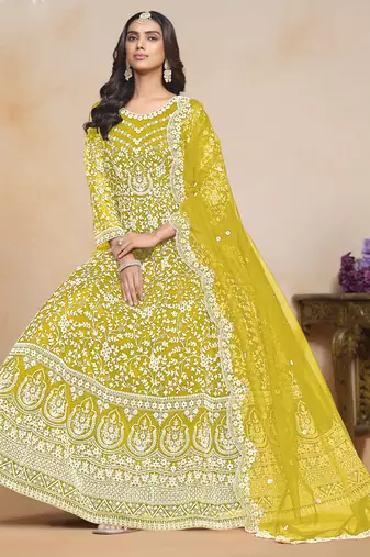 Yellow net embroidered designer anarkali suit