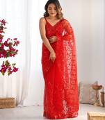 Red soft net sequins embroidered saree