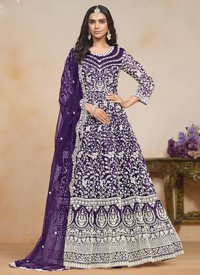 Violet net embroidered designer anarkali suit 1