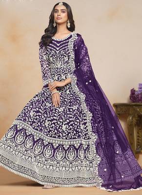 Violet net embroidered designer anarkali suit 2