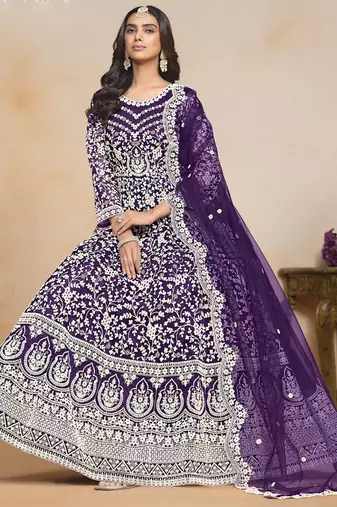 Violet net embroidered designer anarkali suit