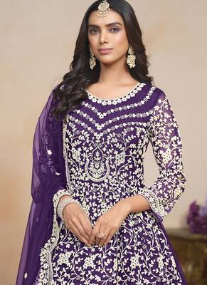 Violet net embroidered designer anarkali suit 3