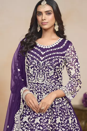 Violet net embroidered designer anarkali suit