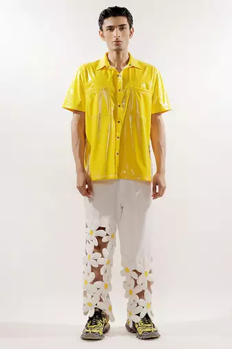 3d flower quilted asymmetrical crepe pants