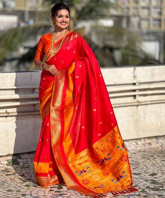Red gold zari woven paithani silk blend saree 1