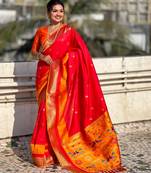 Red gold zari woven paithani silk blend saree