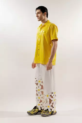 3d flower quilted asymmetrical crepe pants
