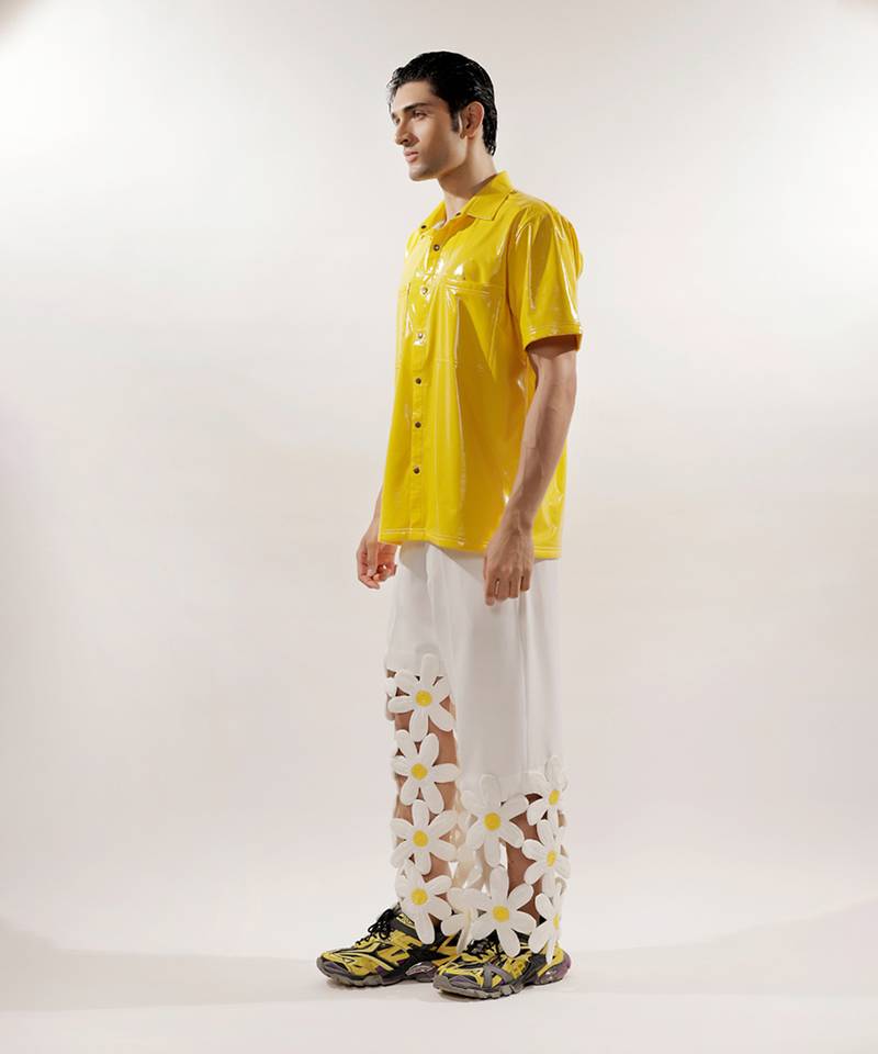 3d flower quilted asymmetrical crepe pants