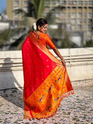 Red gold zari woven paithani silk blend saree 2