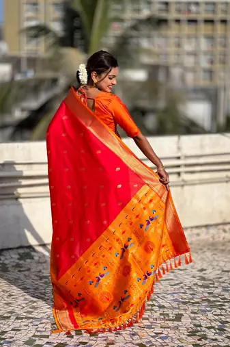 Red gold zari woven paithani silk blend saree