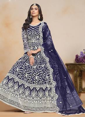 Blue net embroidered designer anarkali suit 2