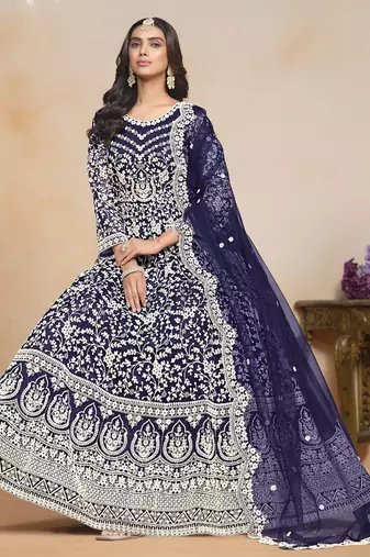 Blue net embroidered designer anarkali suit