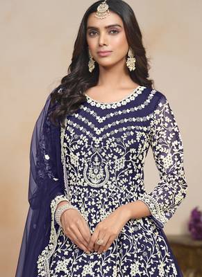 Blue net embroidered designer anarkali suit 3