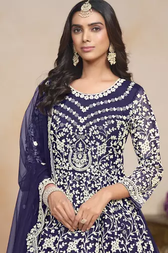 Blue net embroidered designer anarkali suit