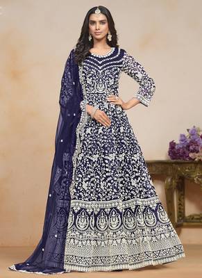 Blue net embroidered designer anarkali suit 4