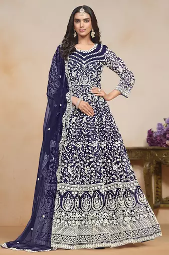 Blue net embroidered designer anarkali suit
