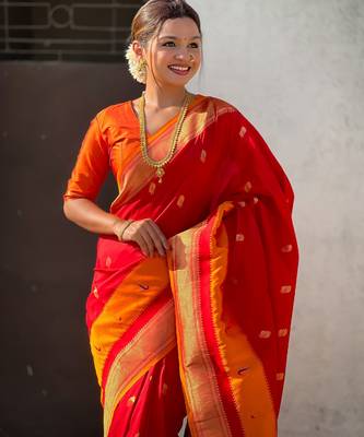 Red gold zari woven paithani silk blend saree 3