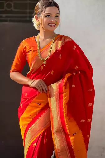 Red gold zari woven paithani silk blend saree