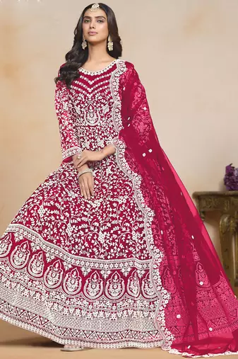 Pink net embroidered designer anarkali suit