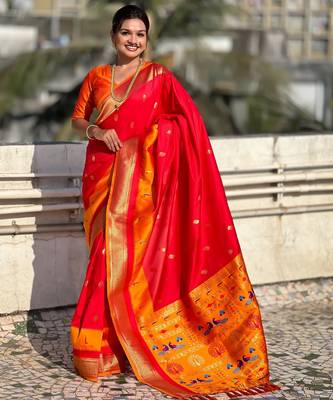 Red gold zari woven paithani silk blend saree 4